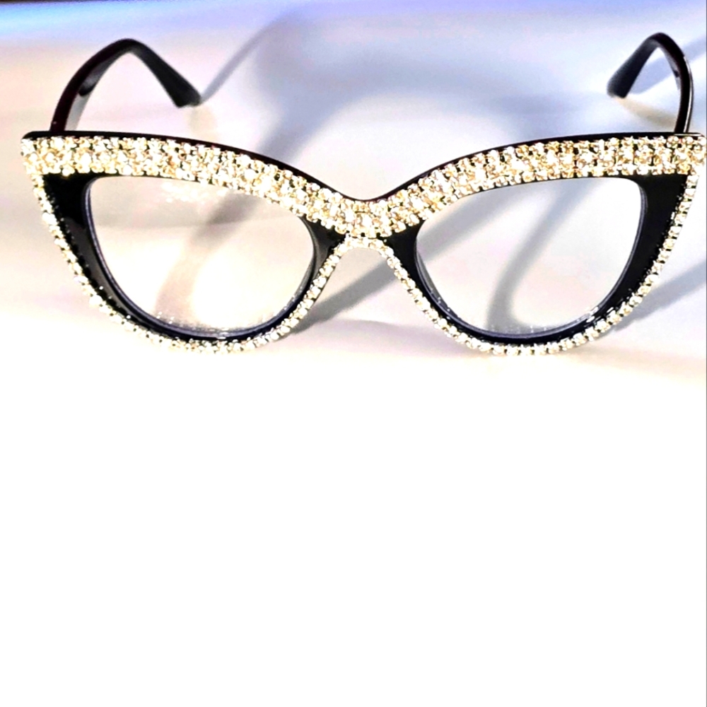 Cat Eye Blinged Frame Large Glasses - Quality Thick Clear Lenses & Strong Hinges - Picture 3 of 6